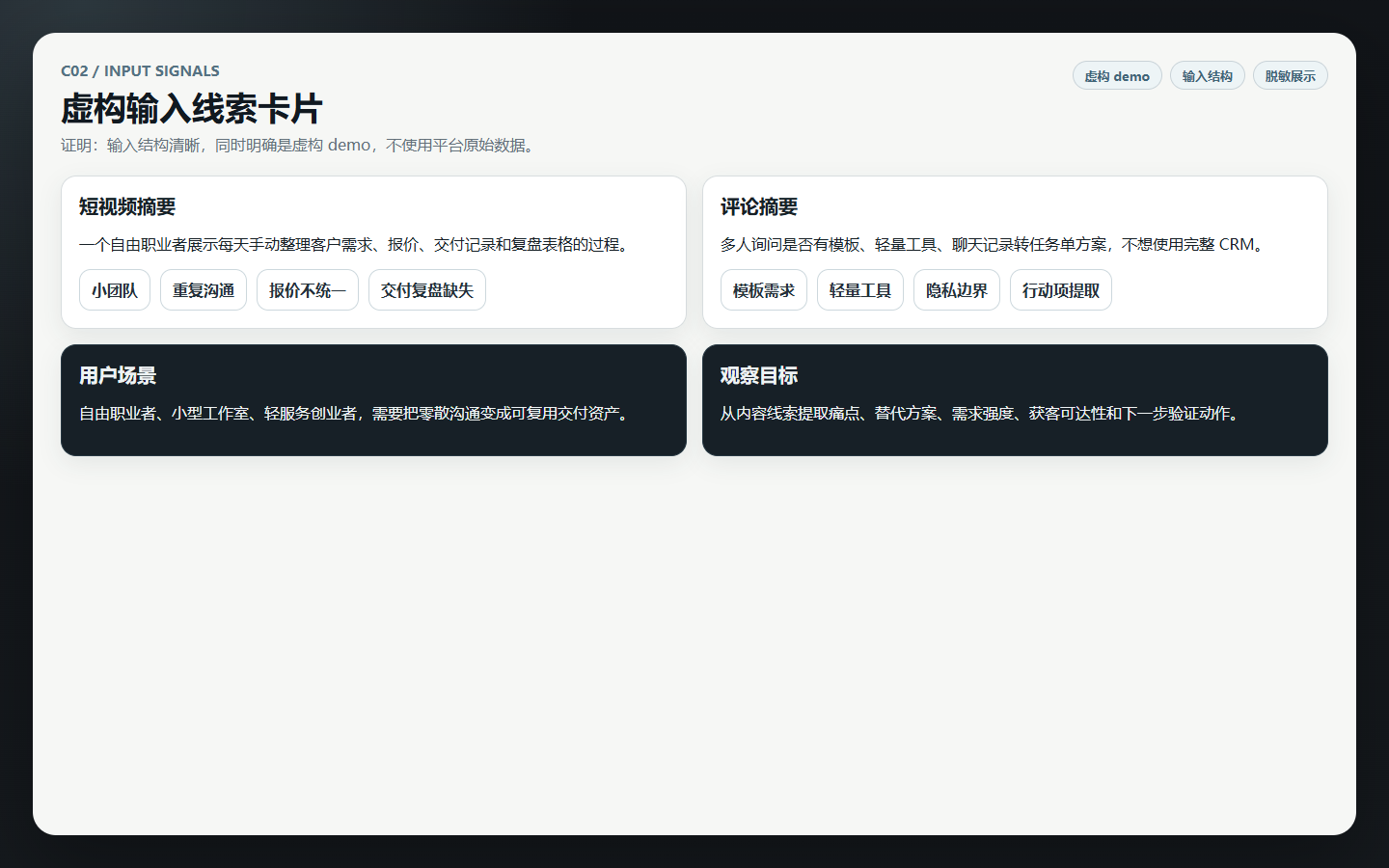 抖音需求挖掘 Agent 虚构输入线索卡片
